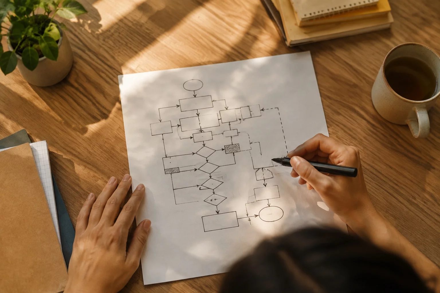 Vista de cima de uma mesa com um diagrama de lógica desenhado à mão