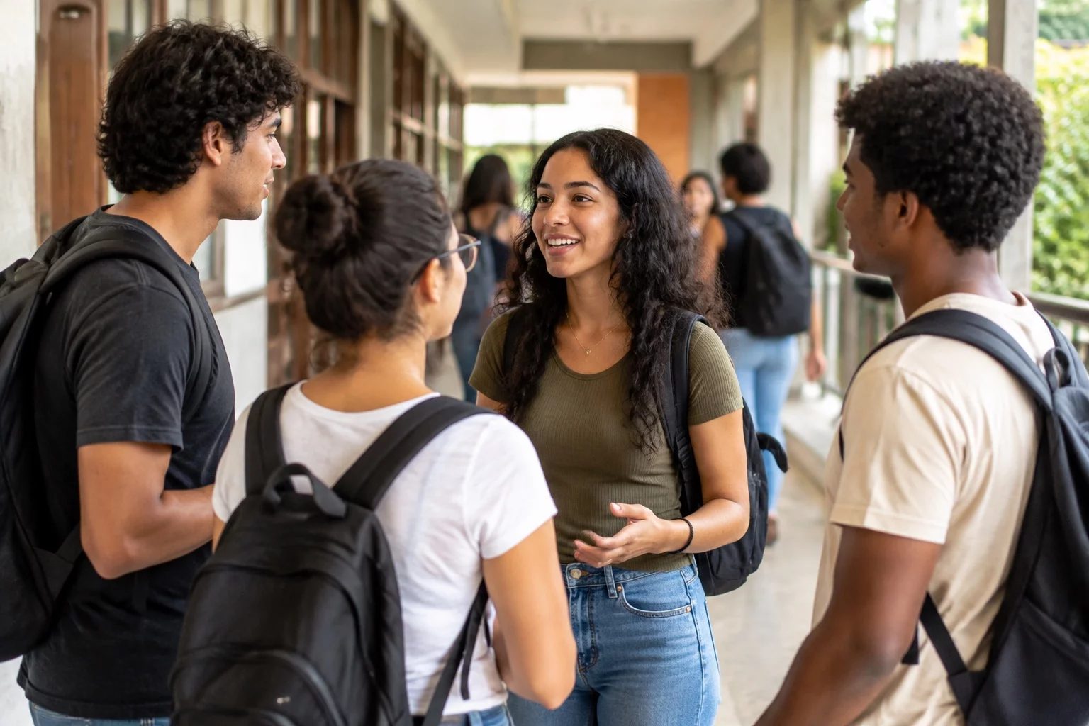Estudantes com mochilas conversando no corredor de uma universidade