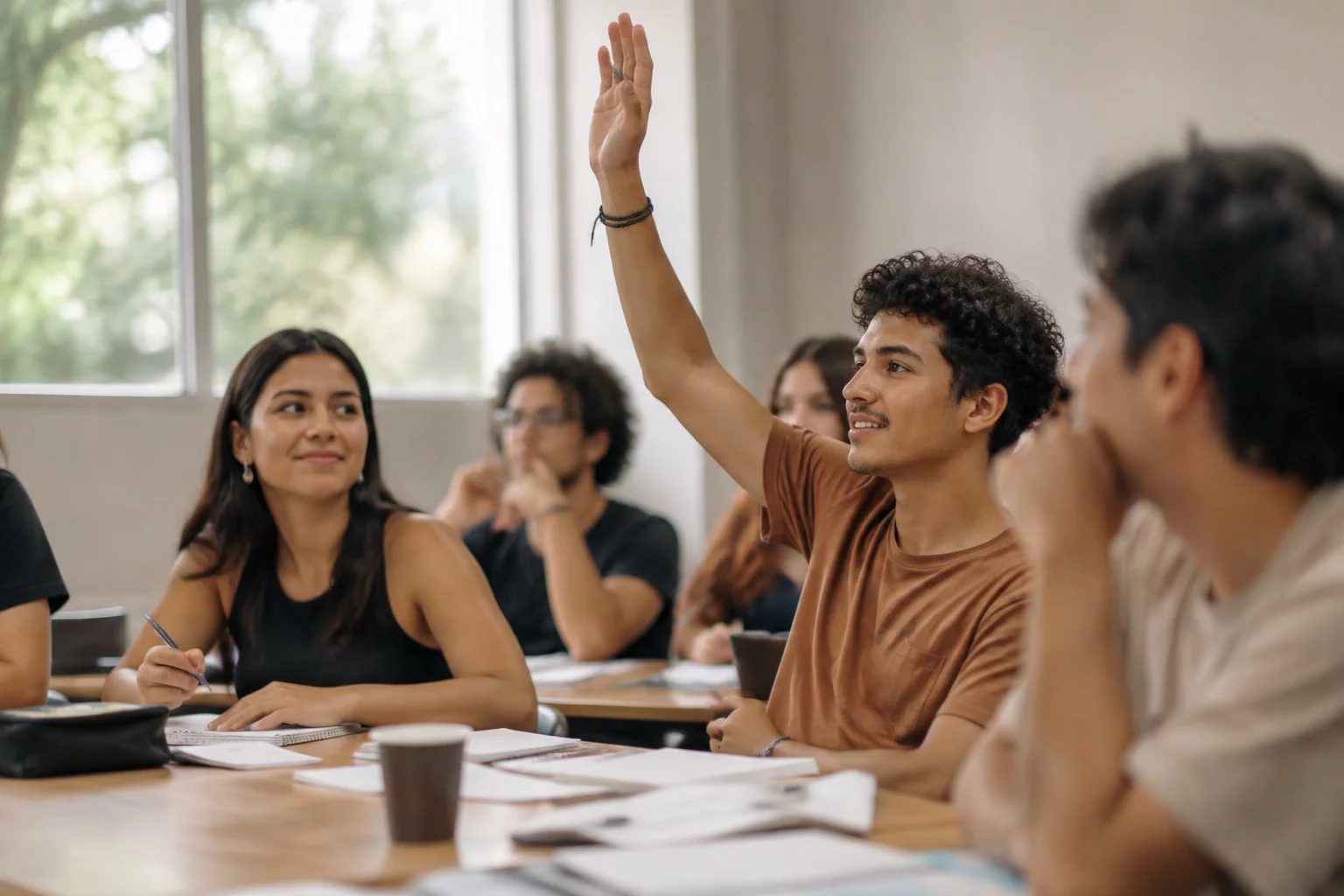 Estudante levantando a mão em uma mesa de seminário coberta de anotações