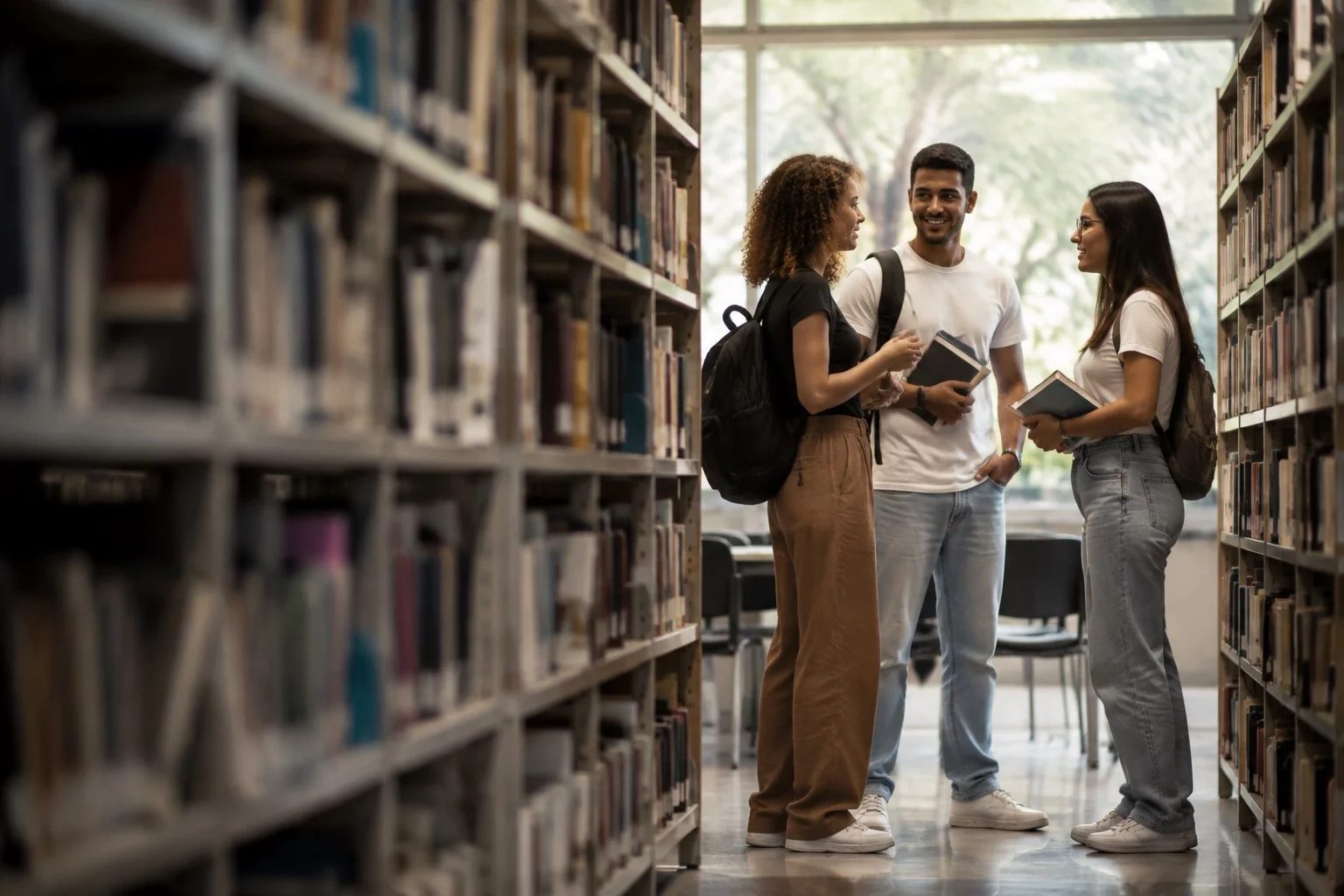 Estudantes conversando em pé entre as estantes de uma biblioteca