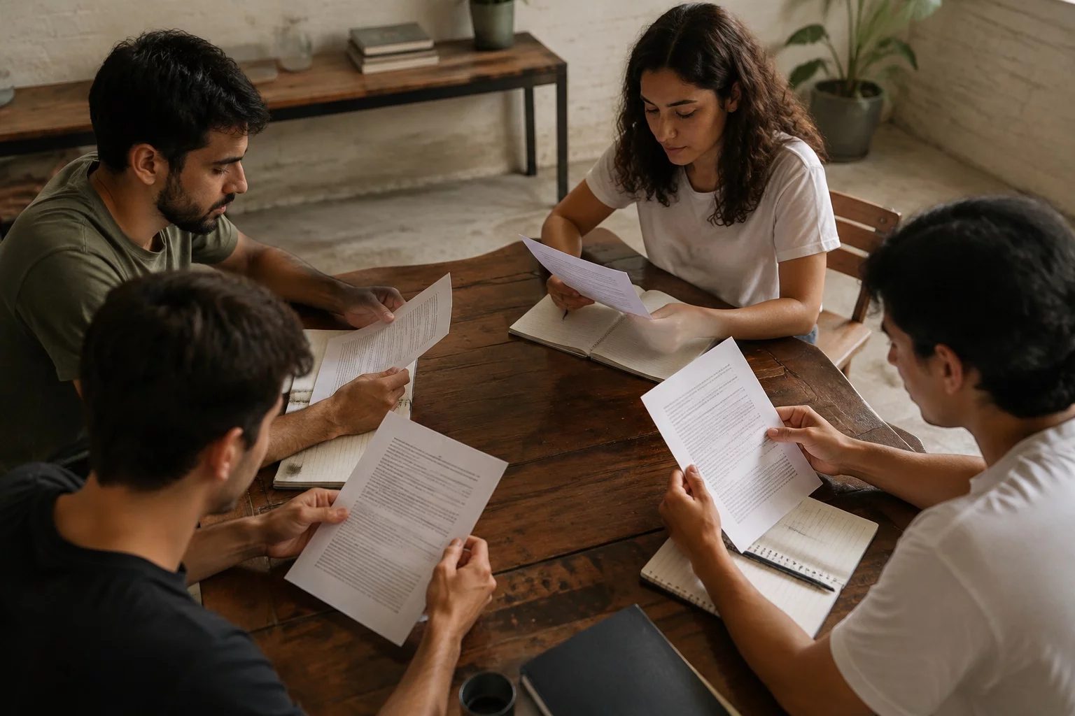 Grupo pequeno lendo páginas impressas de argumentos ao redor de uma mesa