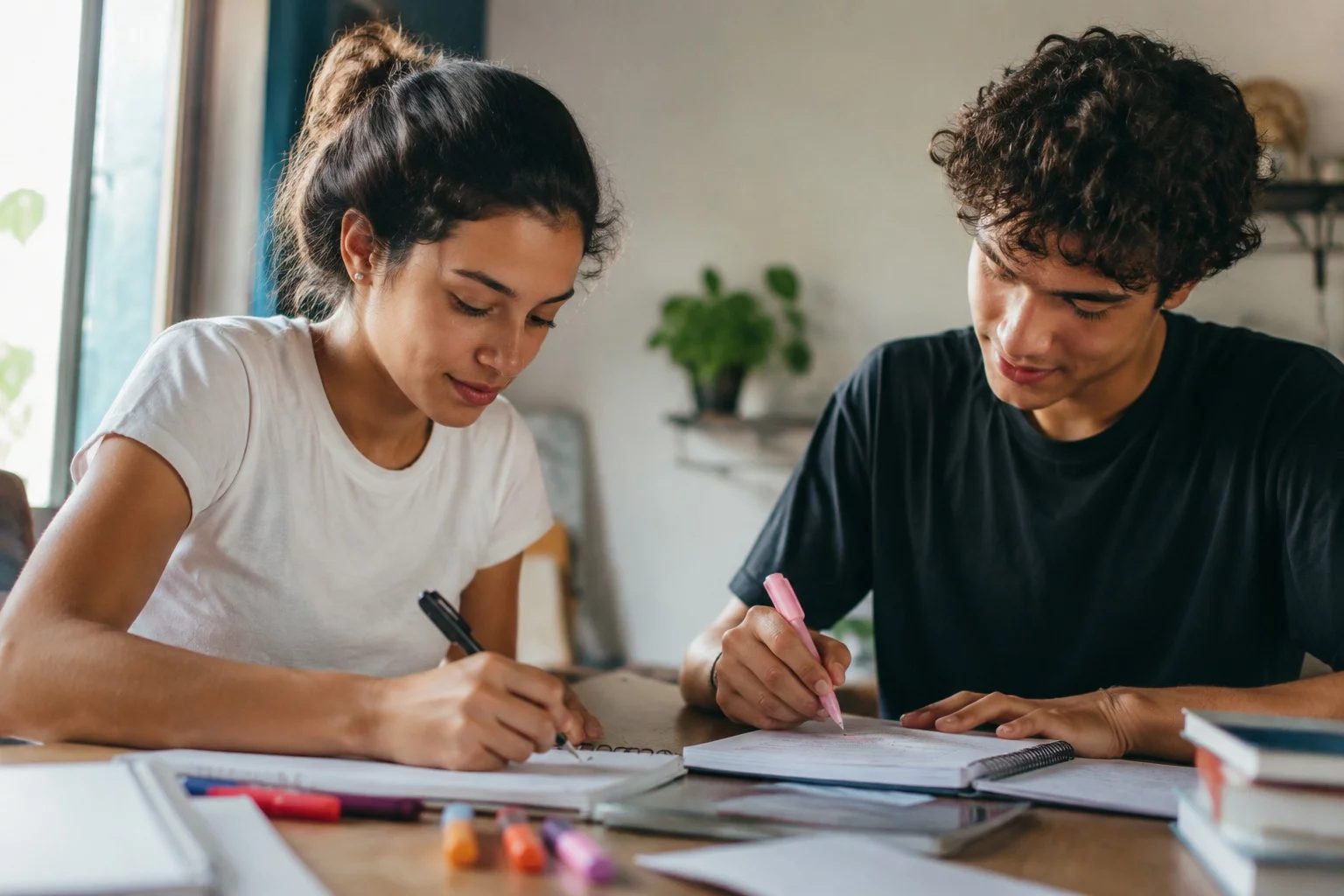 Dois estudantes preparando um debate com cadernos e marcadores